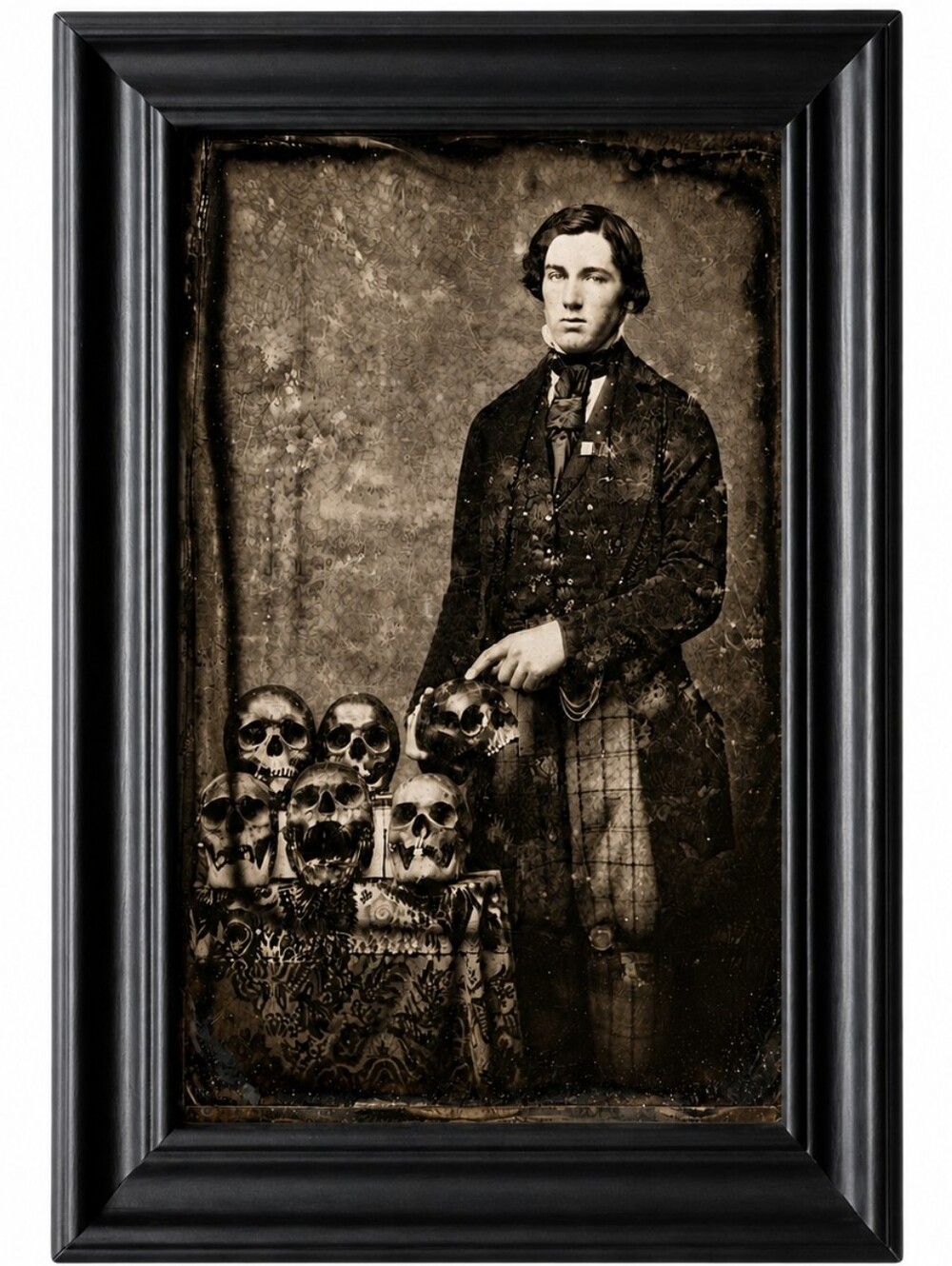 Victorian Man With a bunch of skeleton heads creepy Strange unusual vintage Art